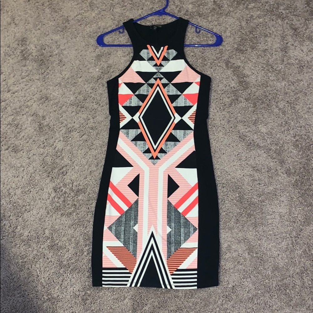 Black and pink/white Aztec print dress.